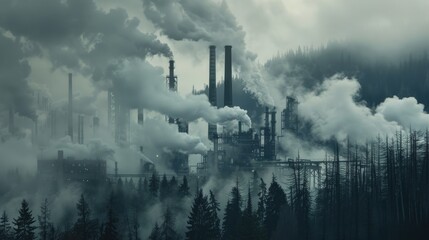 Pollution Overcast: Factory Smoke Rising Above Pine Forests in a Moody Industrial Landscape