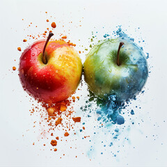 Doppia mela, due mele, mela rossa e mela verde si sgretolano nella polvere, esplosione di gusto, freschezza, colori che esplodono, esplosione di polvere, sfondo bianco