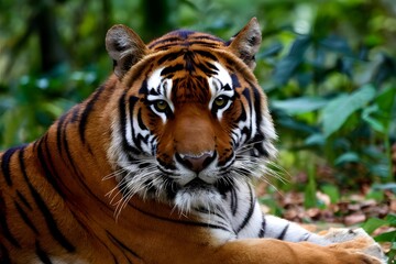 view Fierce bengal tiger stares intensely in tranquil forest setting - obrazy, fototapety, plakaty