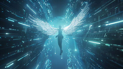 A cyber guardian angel hovering over a network, providing real-time protection against cyber threats.