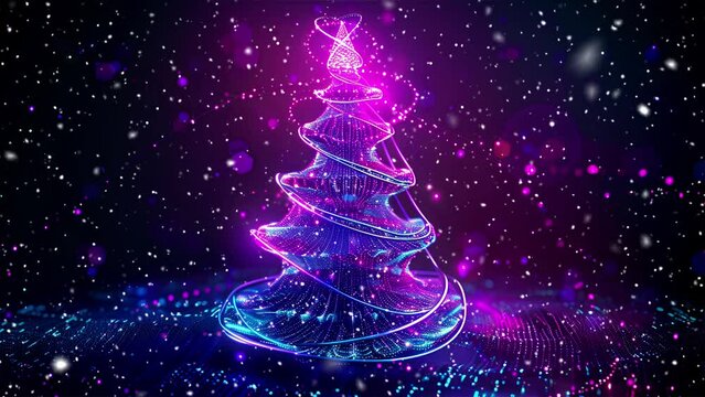 Christmas tree. Looped Christmas snow. Midnight snowfall. Christmas lights. Neon. Looped snow. Generative AI.