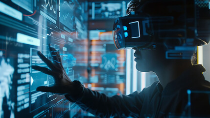 A person wearing virtual reality goggles navigating through a 3D cybersecurity interface, adjusting settings and protocols.