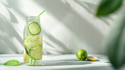 a glass of water with lime on a wooden board and a wooden spoon with salt,Cold fresh detox beverage of green cucumber with soda water,bubbles,funny striped straw on simple soft bright white background - obrazy, fototapety, plakaty