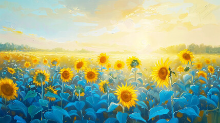 Surreal sunny and warm day with sunflower field oil painting.  Summer banner.
