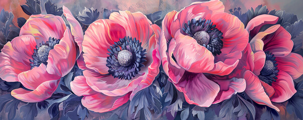 Pink anemone blossom oil painting. Banner with beautiful spring flowers.