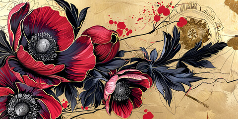 Red anemone blossoms oil painting. Banner with beautiful spring flower.