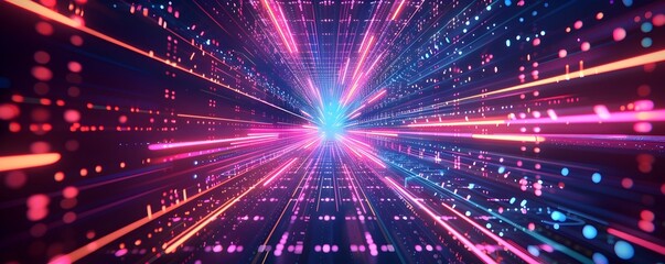 Digital futuristic technology abstract banner background illuminated by vibrant neon lights, forming a dynamic and interconnected network of systems