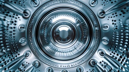 Looking into the futuristic interior of a washing machine with a metallic texture. - obrazy, fototapety, plakaty