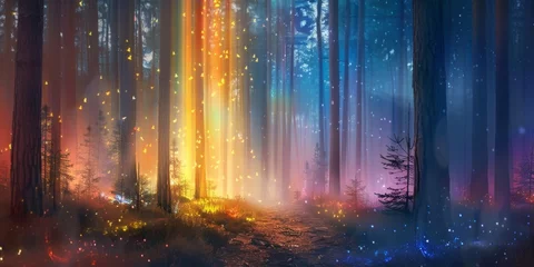 Tuinposter Fantasy illustration of an enchanted forest path with mystical lights and vibrant colors. © tashechka