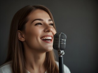 Mujer sonriente cantando con un micrófono se divierte cantando - obrazy, fototapety, plakaty