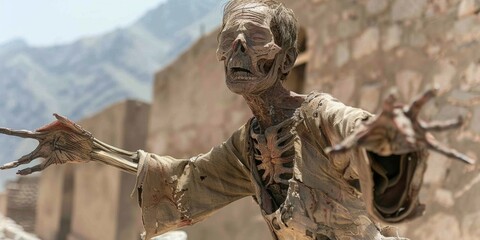A realistic ancient mummy reaching out with a menacing expression in a historical setting. - obrazy, fototapety, plakaty