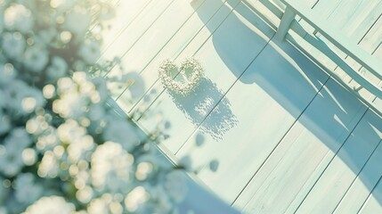 Obraz premium Artistic white floral heart wreath casting a romantic shadow on a sunlit blue wooden bench.