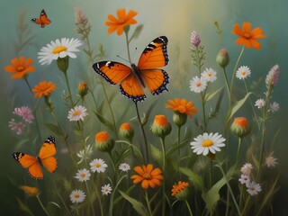 delicate wildflowers and orange butterflies painted
