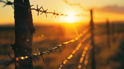 Barbed wire fence close-up, Beautiful sunset in the countryland. Generative ai