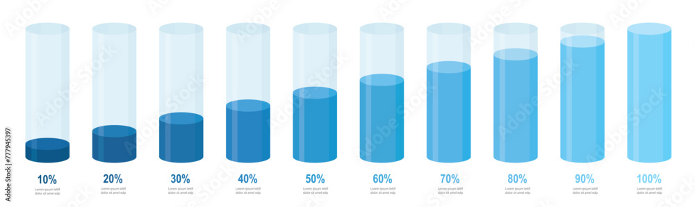 Wall mural blue gradient round slim chart bars template, clear 10%-100% infograph layout. graphic flat design i