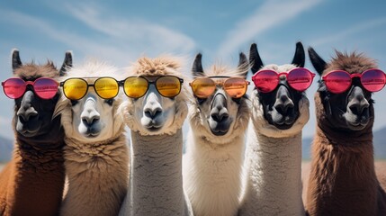 Fototapeta premium A group of llamas Wearing sunglasses in a row.