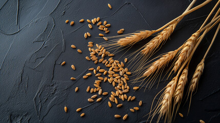 Golden wheat ears and scattered grains on a textured dark background