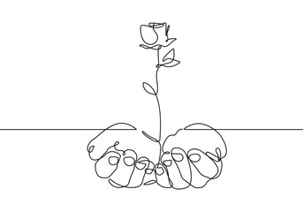 Rose Flower in Hands Black Sketch Isolated on White Background. Love Symbol for Modern Design. Hands with Rose One Line Illustration. Minimalist Botanical Drawing. Vector EPS 10.