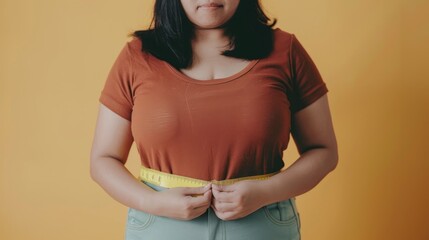 Fat woman measuring her waist, measuring tape wrapped around her waist. Generative ai