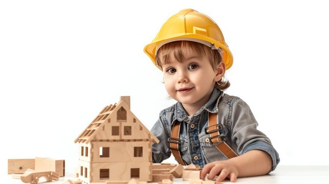 Young child in a hard hat playing with a wooden model house and blocks, simulating a construction environment.
