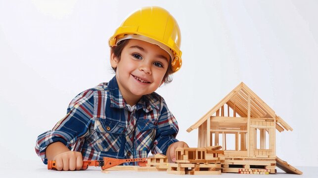 A smiling child in a hard hat posing with a wooden toy house and toy tools, imitating a construction worker.