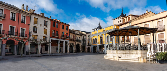 Panoramic view of the beautiful main square of Aranda de Duero with its colourful houses, Burgos.