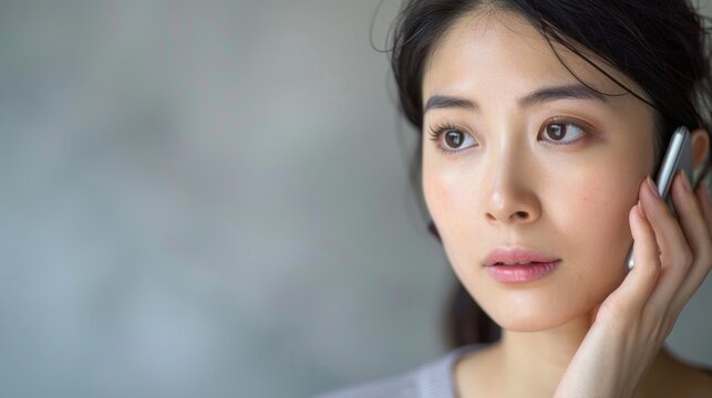 Asian woman holding a smartphone to her ears listening to the caller or lost in thoughts or break-up over the phone, sad looking facial expressions.
