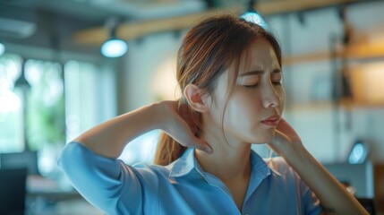 Asian young woman soothes her aching neck muscles by therapeutic self-massage. The woman is in lots of pain or discomfort. Generative ai
