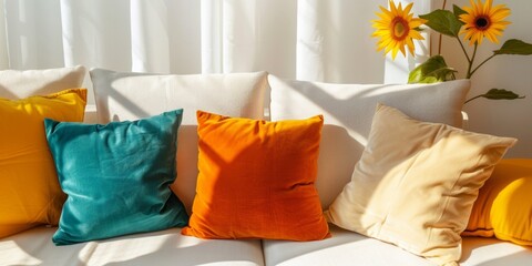 A white couch situated in a room adorned with a variety of colorful pillows - obrazy, fototapety, plakaty