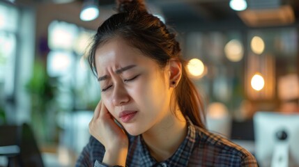 Physical strain experienced by an Asian young woman as she pressed her neck, pain caused by work-related stress. Generative ai
