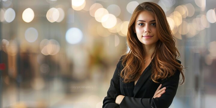 A confident businesswoman is posing for a picture in a stylish black suit