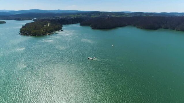 Timelapse Boat At Solina Lake Bieszczady Aerial View Poland