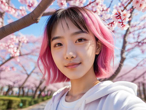 a pink hair girl take photos in front of sakura blossom
