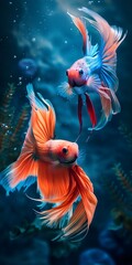 Two colorful betta goldfish dancing in a mystical underwater world