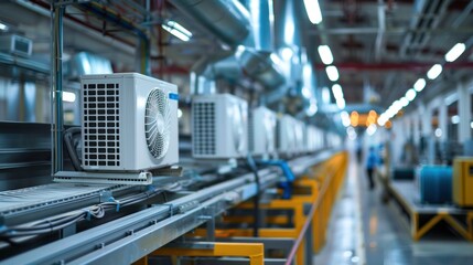Air conditioners on a production line inside an industrial manufacturing plant, implying mass production and technology assembly process.