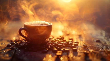 Fotobehang Start your morning with a rich cup of coffee, its aroma swirling around you like a warm embrace. Feel the first sip awaken your senses, infusing you with energy for the day ahead.  © Oulailux