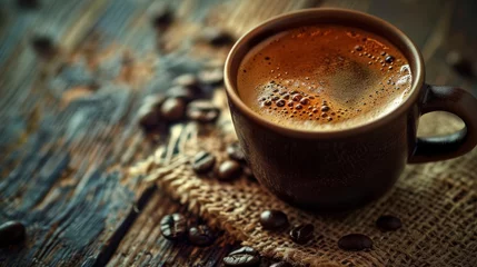 Fotobehang Start your morning with a rich cup of coffee, its aroma swirling around you like a warm embrace. Feel the first sip awaken your senses, infusing you with energy for the day ahead. © Oulailux