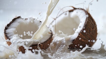 A halved coconut with milk splashing around it against a light background. - obrazy, fototapety, plakaty