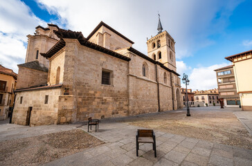 Medieval church with bell tower in the monumental city of Aranda de Duero, Castilla Leon. - obrazy, fototapety, plakaty