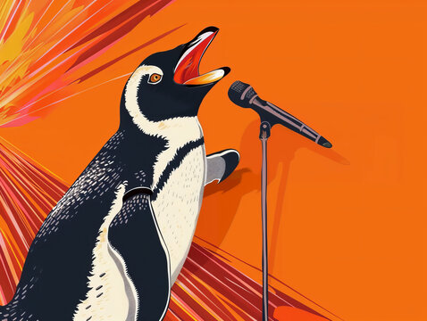 A penguin is singing into a microphone