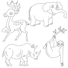 Cartoon Wild Animals Clipart Set for Lovers of Wildlife. elephant, deer, rhino, sloth