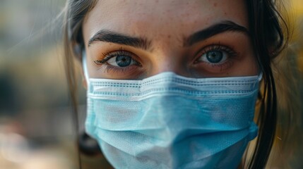 Young woman wearing a protective face mask during the pandemic time close-up face. Generative ai