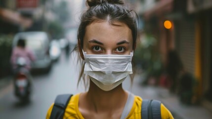 Young woman wearing a protective face mask on the streets during the pandemic time. Generative ai
