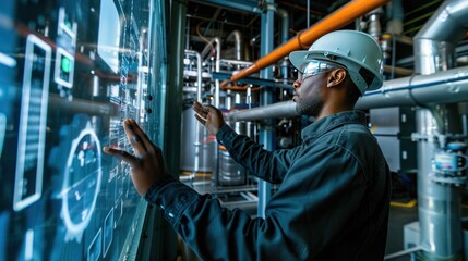 Technician in hard hat using a touchscreen interface in an industrial plant with pipes and machinery in the background. - obrazy, fototapety, plakaty