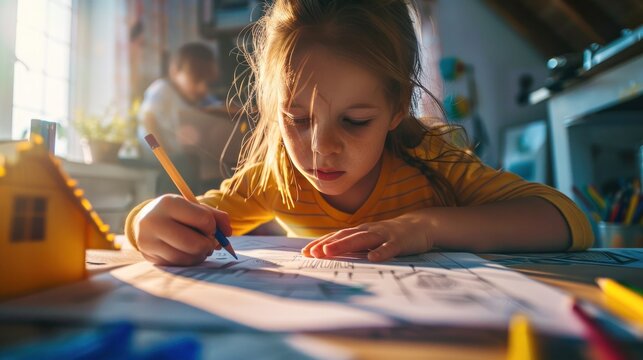 A young girl focuses intently on drawing at a sunlit table strewn with colorful pencils and a small model house.