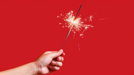 Woman holding bright burning sparkler on red background, closeup. Space for text
