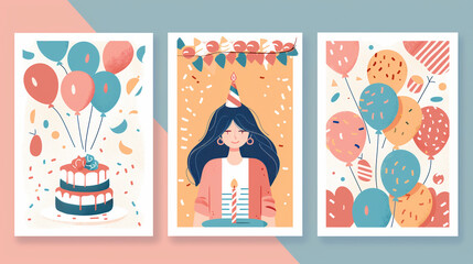Set of postcards with a woman, cake, balloons, confetti and candle. Holliday, party, vacation, happy birthday. templates for card, poster, flyer, banner and other