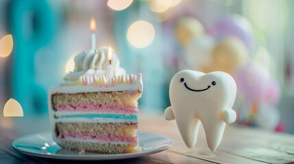 Beautiful cake with painter tooth hero for children first tooth party. Postcard for dentist's day