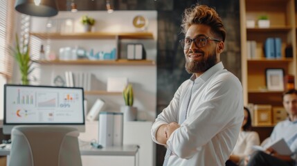 Confident bearded man in a white shirt, arms crossed, standing in an office with charts on screen. - obrazy, fototapety, plakaty