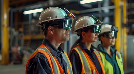 Obraz premium Workers Utilizing Smart Helmets with Real-Time Data Access and Hands-Free Communications in Industrial Manufacturing Setting